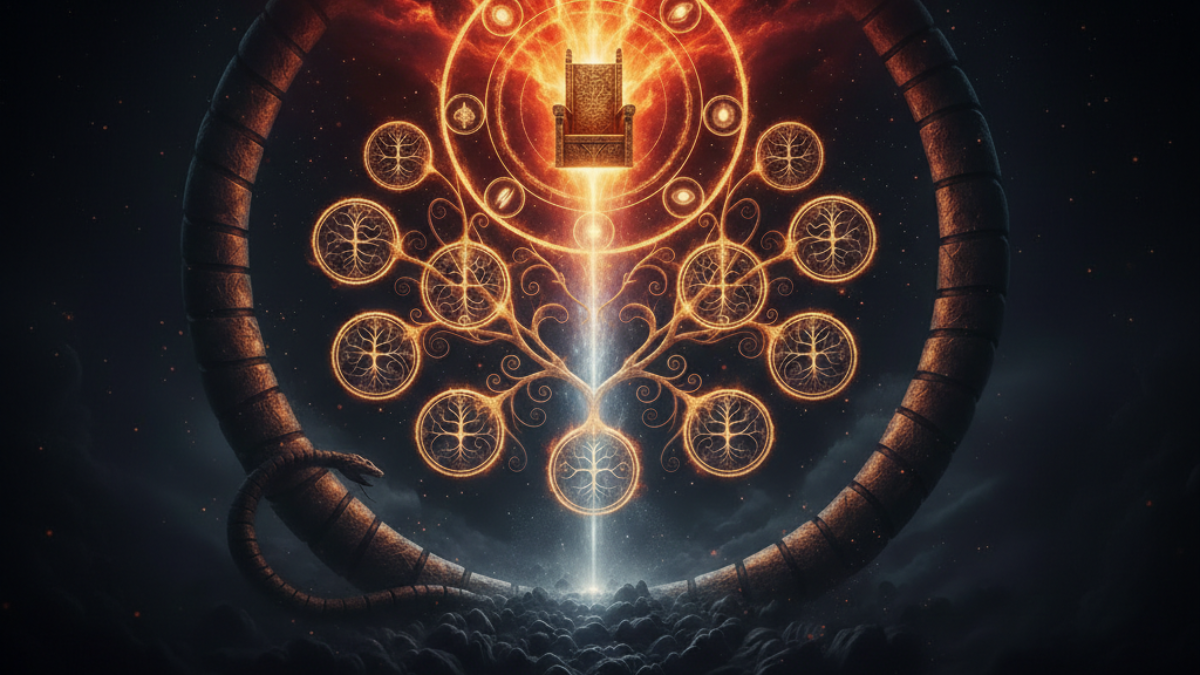 Trono vazio com coroa de fogo solar dourado-carmim sobre eixo de transmutação alquímica — símbolo da individuação completa e do Guardião do Anima