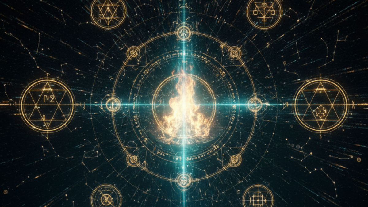 Câmara oracular com runas nórdicas, hexagramas do I Ching e numerologia sagrada conectados por linhas de luz teal — linguagem simbólica do destino e sincronicidade