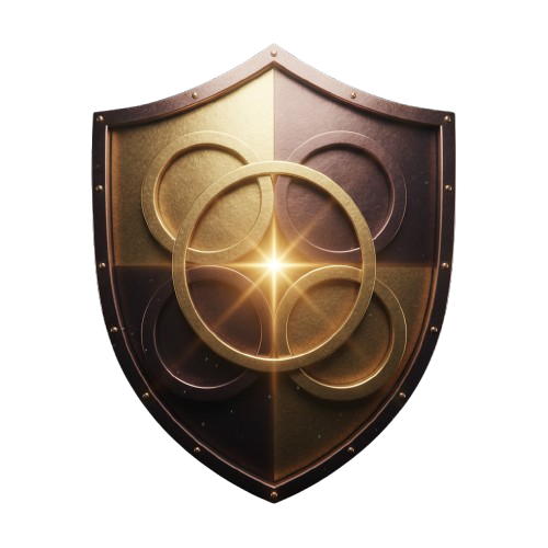 Escudo heráldico esquartelado em dourado e bronze escuro, com borda de rebites; ao centro, quatro anéis entrelaçados em torno de um anel maior, onde brilha uma estrela de luz de quatro pontas.