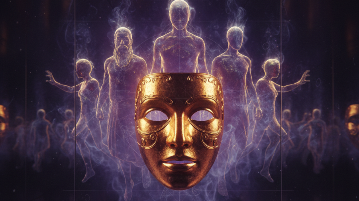 Máscara dourada da persona junguiana com figuras arquetípicas emergindo das sombras violeta — representação visual do Self, Sombra e inconsciente coletivo