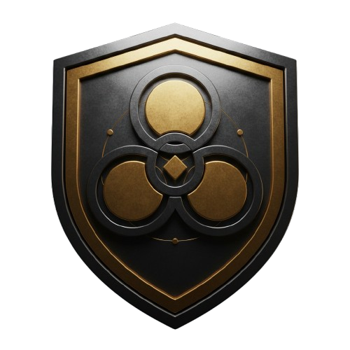 Escudo heráldico de metal escuro com borda dourada; ao centro, três discos dourados entrelaçados por anéis escuros, com um pequeno losango dourado no ponto onde os três se cruzam.