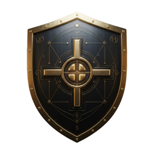 Escudo heráldico de metal escuro com borda dourada cravejada; ao centro, uma cruz dourada de braços longos atravessa um anel com um círculo dividido em quatro, sobre uma rede fina de linhas geométricas e pequenos símbolos gravados nos cantos.