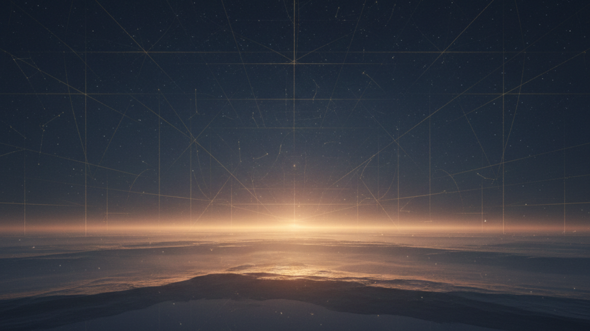 Paisagem cósmica abstrata com luz dourada no horizonte e padrões geométricos sutis representando consciência e transformação. Uma Introdução ao universo Anima