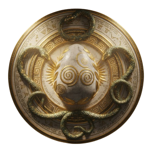 Sigilo circular dourado do Oráculo de Delfos, símbolo do templo de Apolo no Revelarium, Anima Destini