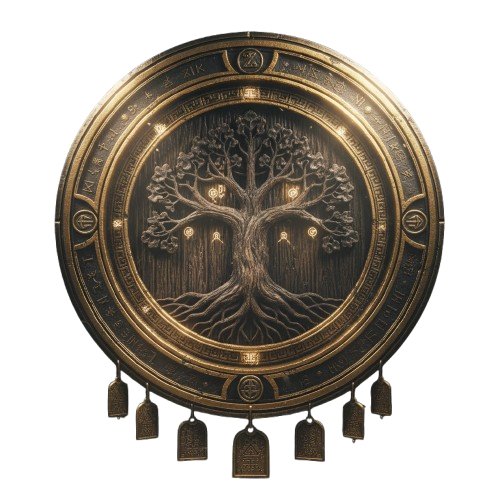 Ícone circular em bronze gravado com a silhueta de um carvalho sagrado, símbolo do Oráculo de Dodona