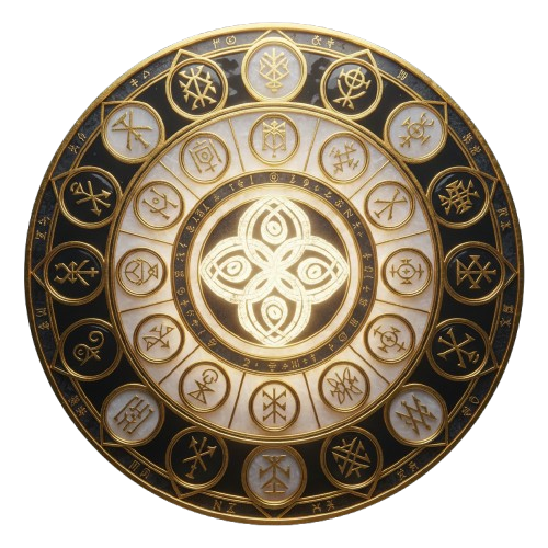 Mandala circular em marfim e dourado, com um símbolo central em forma de cruz ansata sobre um losango, cercado por dois anéis concêntricos de pequenos medalhões dourados, cada um gravado com um glifo diferente, sobre fundo escuro com brilho radiante