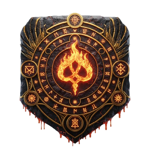 Sigilo do Oráculo de Piromancia — escudo dourado com chama sagrada ao centro, símbolo do oráculo de fogo do Revelarium, Anima Destini