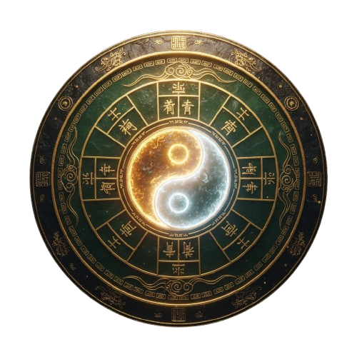 Medalhão circular dourado com o símbolo yin-yang ao centro, emoldurado por linhas de trigramas dispostas em oito pontos ao redor, símbolo do Oráculo de I Ching