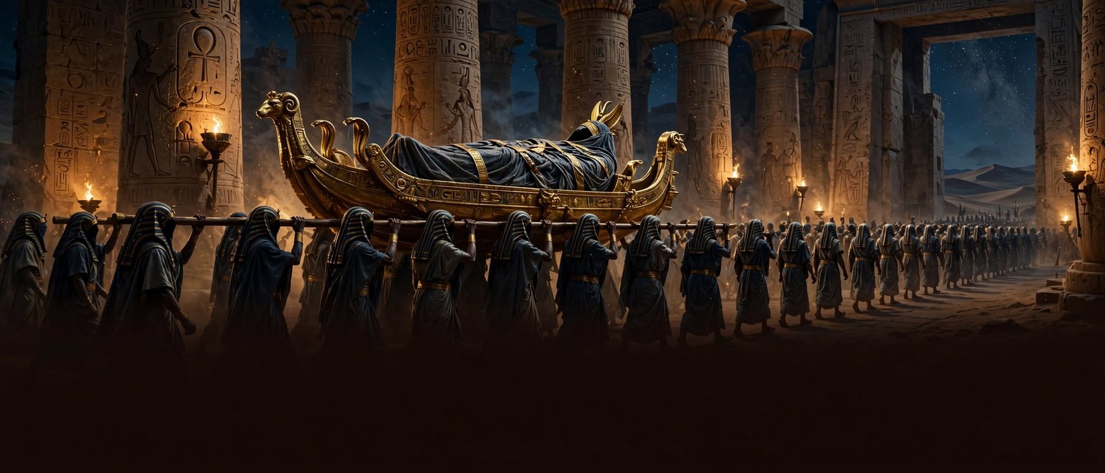 Procissão da barca dourada de Amon carregada por sacerdotes em templo egípcio antigo, colunas de hieróglifos e deserto ao fundo — Oráculo de Amon, Anima Destini