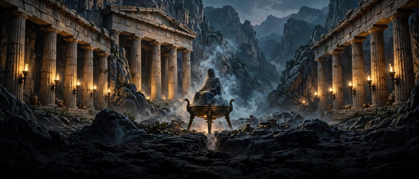 Sacerdotisa em transe sobre um tripé de bronze, vapor sagrado emergindo da fenda na rocha do Templo de Apolo — Oráculo de Delfos, Anima Destini
