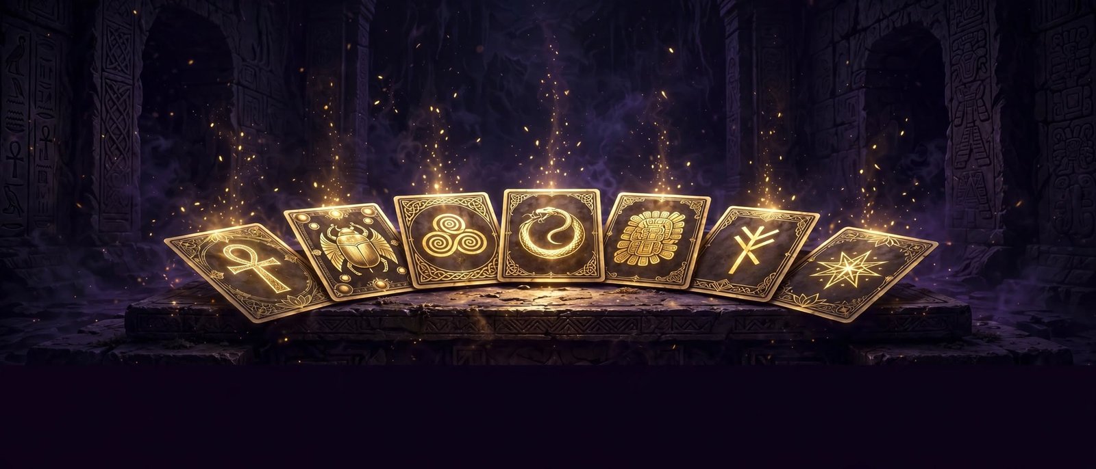 Baralho de cartas oraculares em leque sobre um altar de pedra, cada carta brilhando com um glifo arquetípico dourado diferente — um ankh, um escaravelho, uma espiral tripla, uma serpente mordendo a própria cauda — partículas douradas subindo como brasas, símbolos antigos de várias civilizações entalhados nas paredes ao fundo