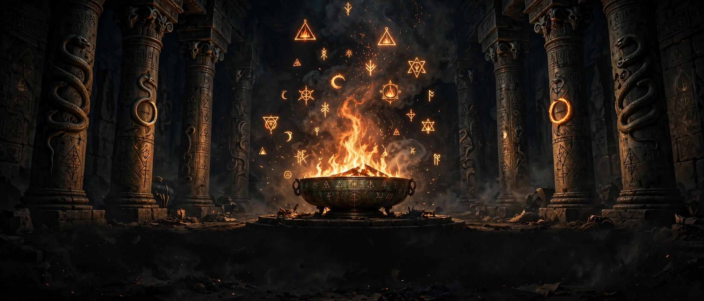 Altar de fogo sagrado entre colunas de um templo antigo, com símbolos místicos flutuando nas chamas — Oráculo de Piromancia, Anima Destini