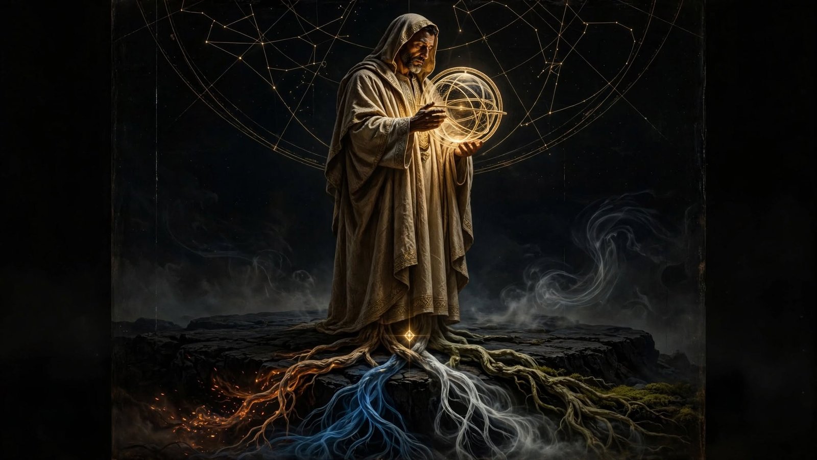 Filósofo de túnica escura segura um globo celeste dourado de anéis finos diante do peito, sobre um planalto negro à noite; sob seus pés, quatro raízes luminosas — laranja, azul, prateada e verde — se entrelaçam na terra escura até um ponto de luz dourada.