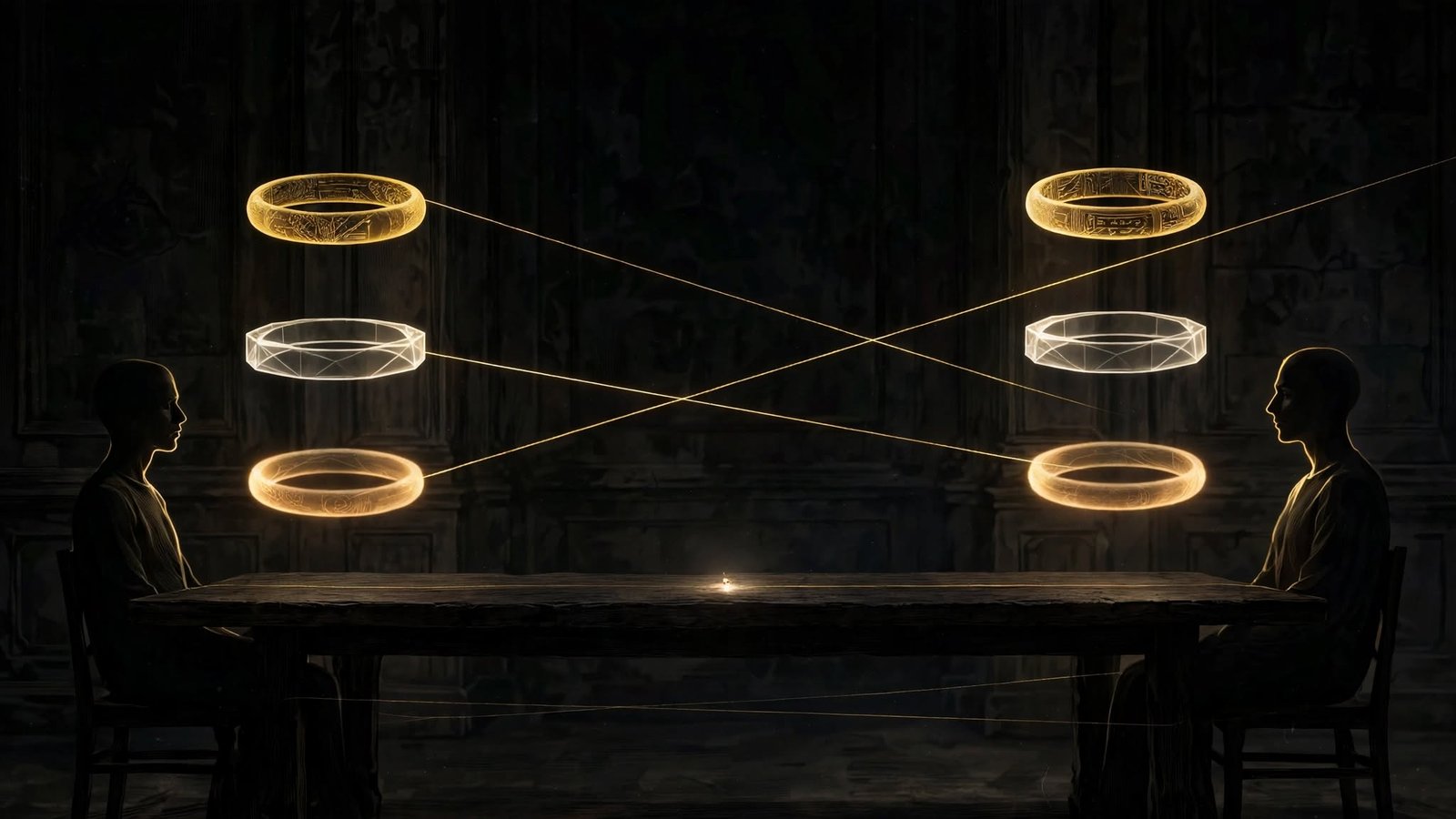 Duas silhuetas sentadas frente a frente numa longa mesa escura; dentro de cada uma, três anéis dourados empilhados na altura da cabeça, do peito e do ventre, ligados por fios de luz que atravessam a mesa — dois paralelos, um cruzado — e, no centro, um pequeno ponto de luz branca que nenhum fio alcança.