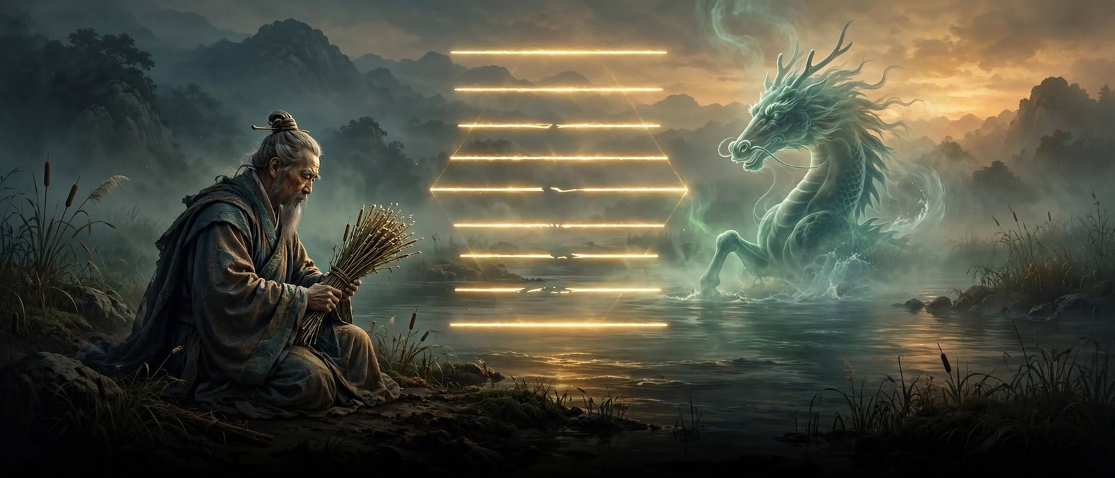 Sábio ajoelhado à margem de um rio ao entardecer, segurando um feixe de varas de milefólio, seis linhas douradas luminosas formando um hexagrama no ar acima da água, silhueta espectral de um cavalo-dragão emergindo do rio ao fundo