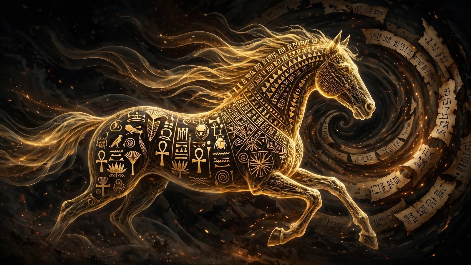 Cavalo espectral formado por escrita antiga luminosa em dourado — cunhas cuneiformes, hieróglifos, letras hebraicas e ondas de voz falada — galopando por um vazio escuro, deixando atrás de si um vórtice de páginas de pergaminho se dissolvendo em luz