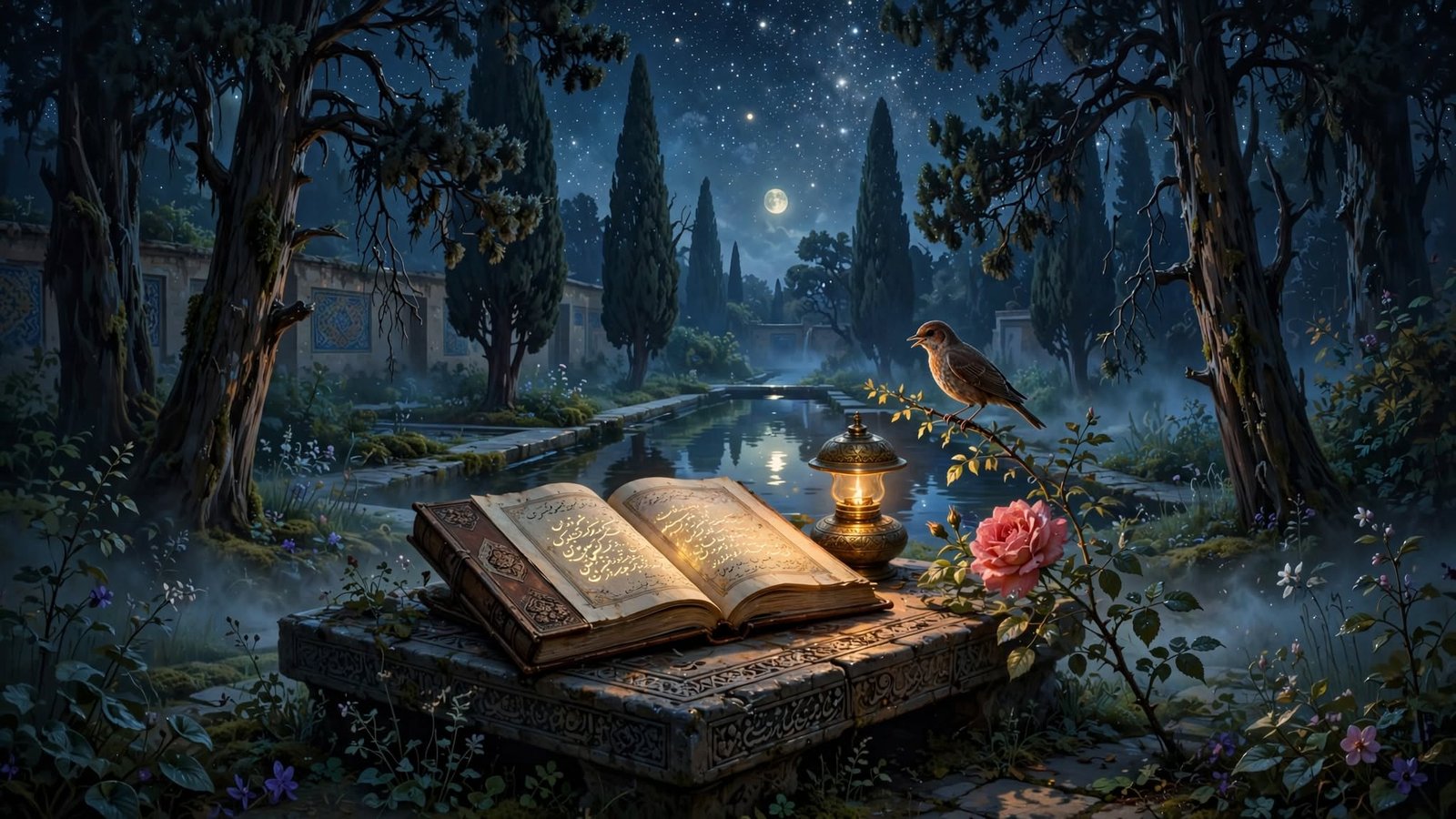 Livro aberto do Divã de Hafez sobre uma mesa de pedra num jardim persa à noite, iluminado por um lampião de latão, uma rosa em flor ao lado e um rouxinol pousado cantando sobre o livro, lago refletindo a lua cheia entre ciprestes ao fundo