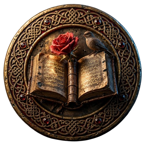 Selo circular em bronze e ouro envelhecido, com um livro aberto em relevo, uma rosa brotando de sua lombada e um rouxinol pousado cantando sobre a página, moldura de arabescos persas com esmalte vinho, símbolo do Oráculo de Versos