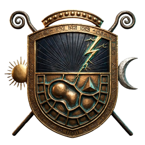 Brasão metálico em bronze e ouro com escudo dividido entre um céu de dezesseis raios e uma víscera estilizada, atravessado por um raio, ladeado pelo Sol e pela Lua e por dois bastões curvos de áugure, coroado por dez contas — símbolo do Fígado de Piacenza