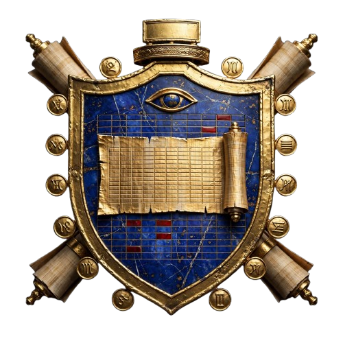 Brasão metálico das Sortes Astrampsychi: escudo em ouro e lápis-lazúli com um rolo de papiro aberto em colunas numeradas, uma tábua de correspondências e dez numerais gregos em círculo
